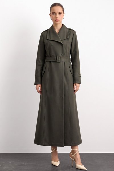 Olcay Gabardine Suede Trench Coat with Handkerchief Collar Detail Embroidery ...