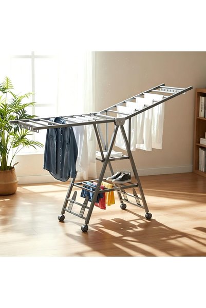 Generic Foldable Mobile Clothes Drying Rack with Double Wings, 3-Tier Large C...