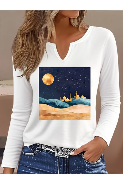 Deocept Printed Cotton-Stretch Fabric Half-V-Neck Long-Sleeve Blouse