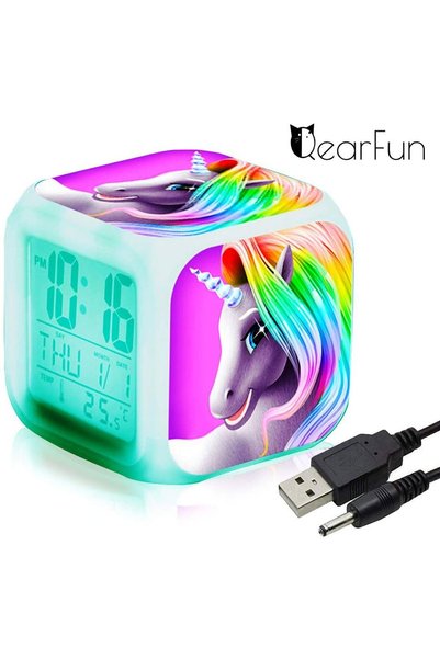 Noonedibs Ceas desteptator digital cu unicorn pentru fete, cub LCD cu LED de ...