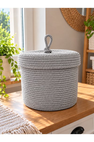 ÖRGÜM Coș împletit cu aspect de răchită, cu capac, de 30 x 25 cm – Coș decora...