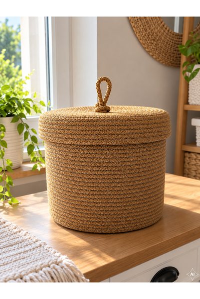 ÖRGÜM Coș împletit cu aspect de răchită, cu capac, de 30 x 25 cm – Coș decora...