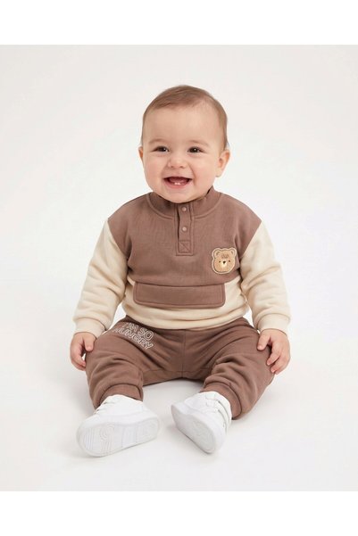 Ege Bebek Boys' Baby Bear-Embroidered Winter 3-Thread Brushed Inside Snap-Fas...