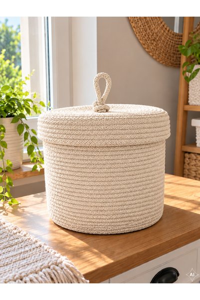 ÖRGÜM Coș împletit cu aspect de răchită, cu capac, de 30 x 25 cm – Coș decora...