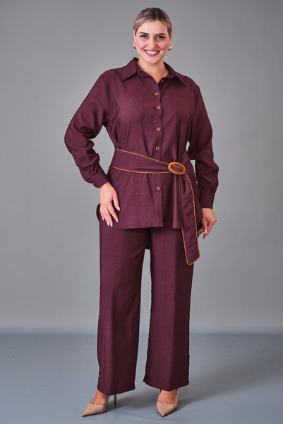 Generic Brand Plus Size Shirt and Pants Set with Belt Detail, Burgundy