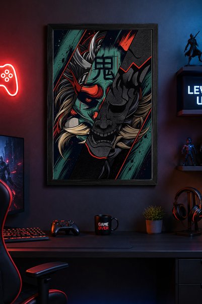 Charmbi Poster „Japan Ninja” cu ramă din lemn negru, tablou cu imprimeu digit...