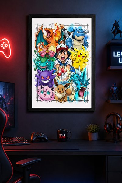 Charmbi Poster cu tematică Pokémon, cu ramă din lemn negru, imprimeu digital ...