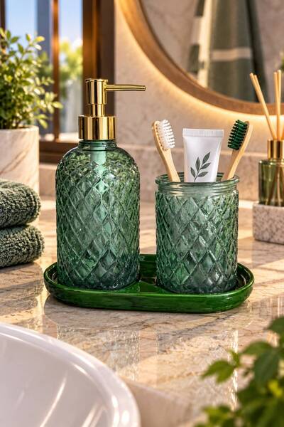ANGDESİGN 3-Piece || ASEL Bathroom Set with Liquid Soap Dispenser and Toothbr...