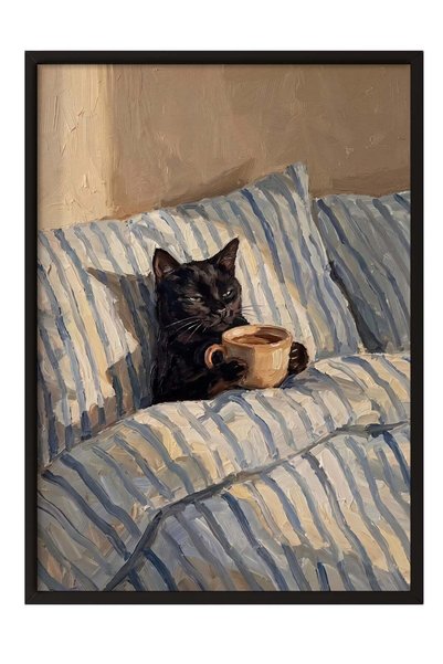 Postifull "Cat Drinking Coffee" Poster – Black-Framed Artwork No. 160488