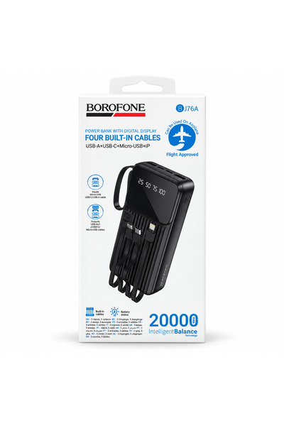 Borofone BJ76A Power Bank with Digital Display and 4 Built-In Cables, Black