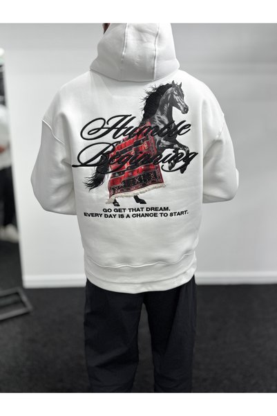 BYBASICMAN Hanorac alb cu glugă și broderie „Humble” TW-7070