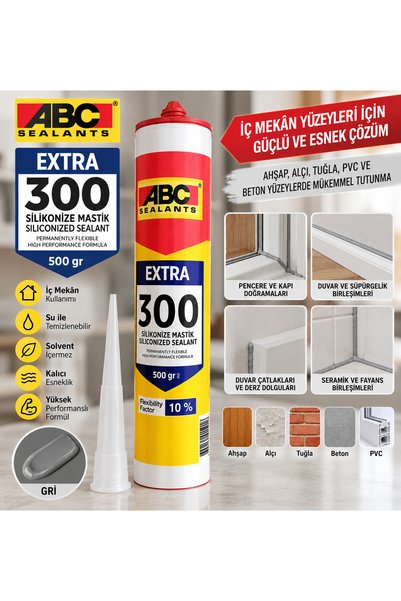 ABC Extra 300 Gri Silikonize Mastik 500 gr – İç Mekân Ahşap, Alçı, Tuğla, PVC ve Beton Yüzeyler İçin