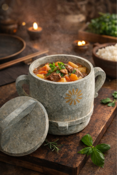 Baloot وعاء حجري يمني بغطاء ومقبض للحمل
