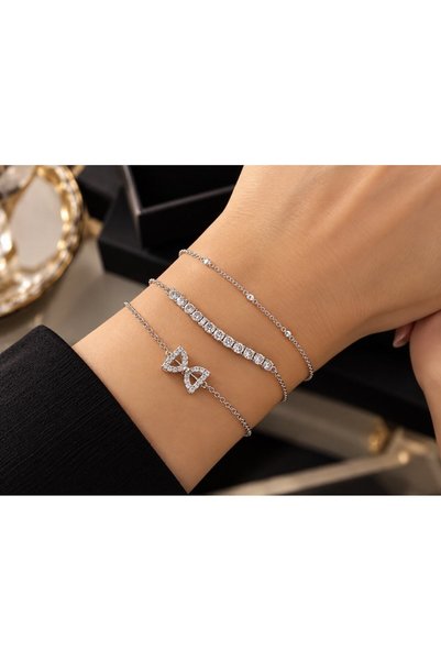 316 L çelik Canselle 3-Piece Silver-Colored Zircon Stone Bow Detail Fashion B...