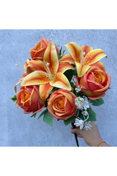 Choice As picture Orange Spring Color Bouquet: 9-Stem Mixed Roses & Lilies wi...