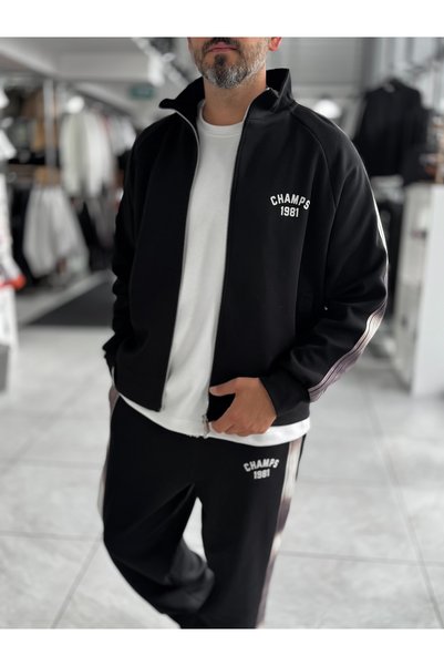 BYBASICMAN Hanorac oversize negru cu fermoar Champ RES-2007