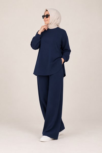 EFRUZ BUTİK Sucuba Navy Blue Long-Sleeved Opaque Pants with Elastic Waistband...