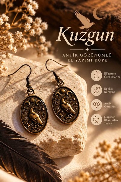 Generic Brand Handmade Epoxy Earrings with a Raven Motif and an Antique Look