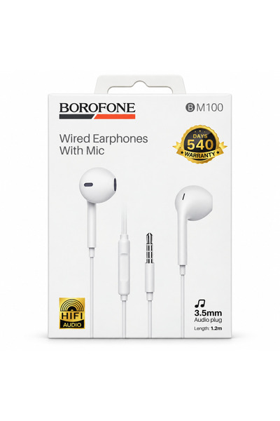 Borofone سماعات أذن سلكية BM100 مع ميكروفون، مقاس 3.5 ملم، لون أبيض، طول السل...
