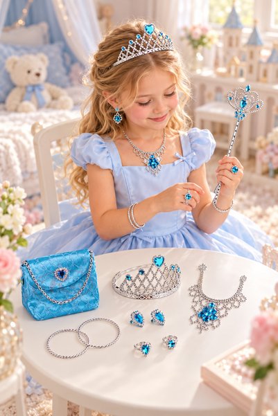 RCO Set 9 accesorii printesa pentru fetite, tiara, bagheta magica, bijuterii ...