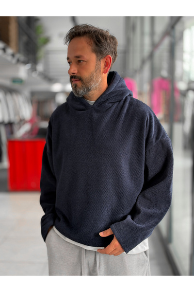 BYBASICMAN Hanorac din fleece cu glugă, de culoare albastru închis, HM-
