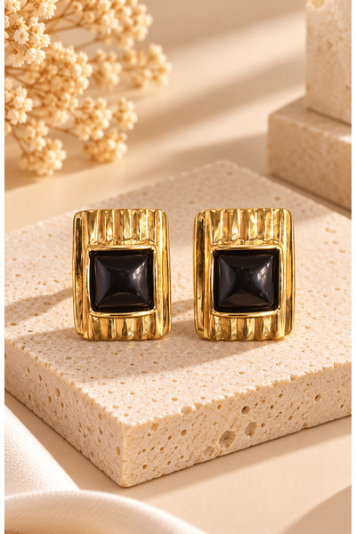 MİLANO BEAUTYS Women's Gold Rectangular Earrings with Black Stones – Vintage ...