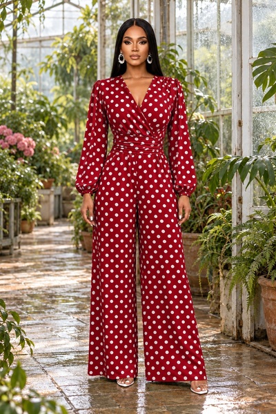 moda wanilia Women's Long-Sleeved, Wrap Neckline, Ruched Waist, Polka Dot Lon...