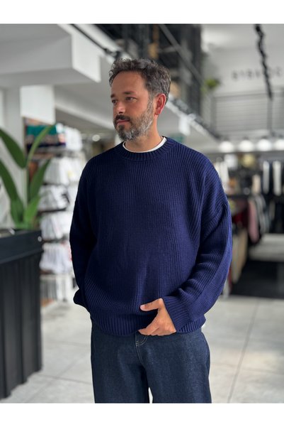 BYBASICMAN Pulover tricotat oversize basic, albastru închis PM-008