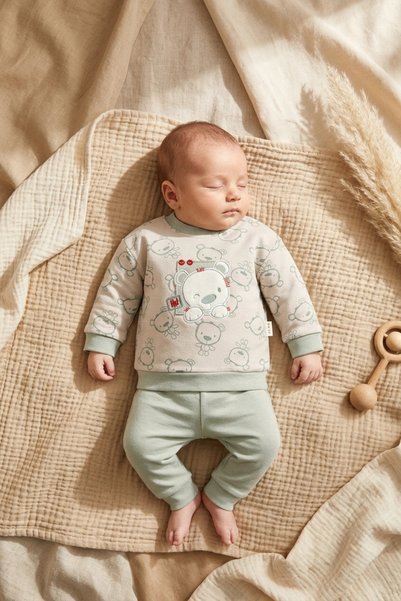 ANP MODA TASARIM Baby Teddy Bear Embroidered 100% Cotton Sweatshirt and Pants...