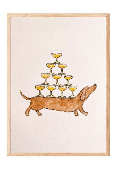 Postifull "Dog Holding a Glass" Illustration Poster – Wood-Framed Art Print N...