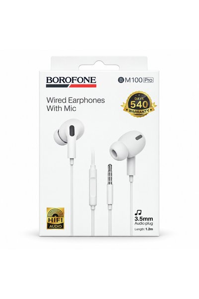 Borofone سماعات أذن سلكية BM100 Pro مع ميكروفون، مقاس 3.5 ملم، لون أبيض.