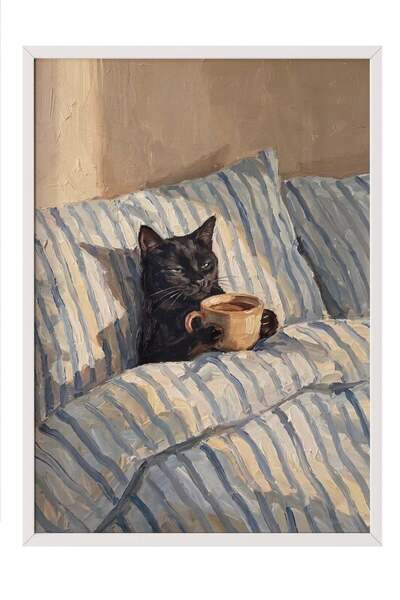 Postifull "Cat Drinking Coffee" Poster – White-Framed Artwork No. 160488