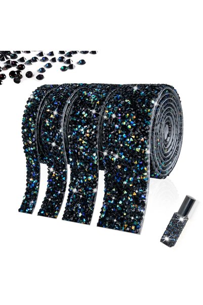 Generic Brand 4 Rolls of Self-Adhesive Rhinestone Ribbon, 1 Yard, Black AB Ir...