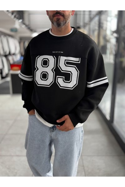 BYBASICMAN Hanorac oversize negru cu imprimeu 85 PM-108