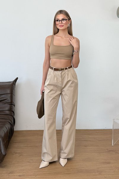 JEE LEE Women's Belted Palazzo Pants with Two Pockets, Stone - 26Y 5429