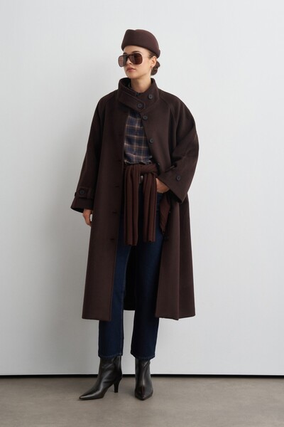 KADRİYE BAŞTÜRK Long, Mock Neck Cashmere Melton Coat, Brown