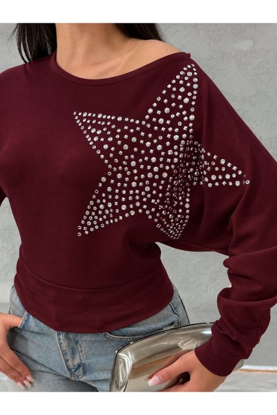 NEW JOURNAL Women's Burgundy Drop-Shoulder Blouse with Rhinestones and Batwin...