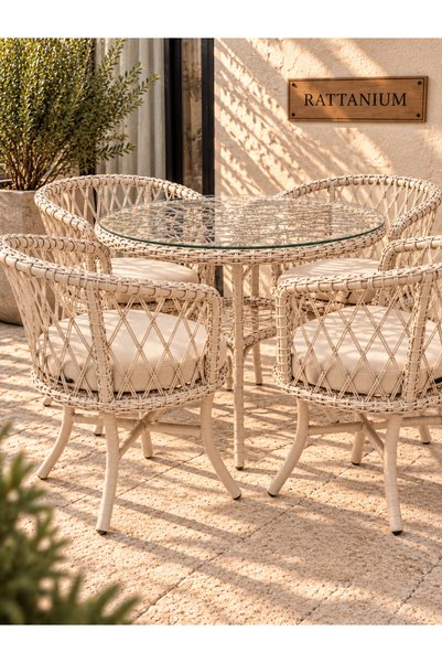 Karaçelik metal 4 Kişilik Rattan Bej Bahçe Masa Takımı – Camlı Masa ve 4 Sand...