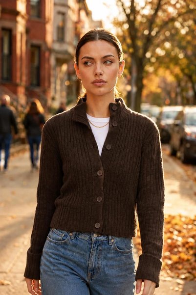 we-rayss Yumuşak Dokulu, Crop Model, Düğme Kapamalı Kahverengi Renk Yumoş Hırka