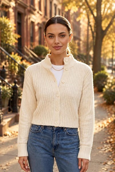 we-rayss Yumuşak Dokulu, Crop Model, Düğme Kapamalı Krem Renk Yumoş Hırka