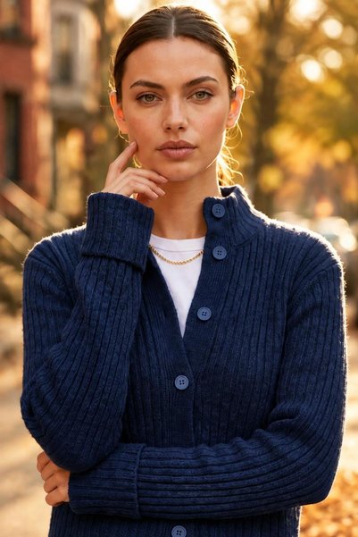 we-rayss Yumuşak Dokulu, Crop Model, Düğme Kapamalı Lacivert Renk Yumoş Hırka