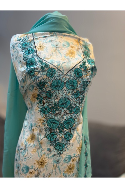 LAVEN Emirati Soft Silk Khimar Fabric with Heavy Embroidery on Chest and Slee...