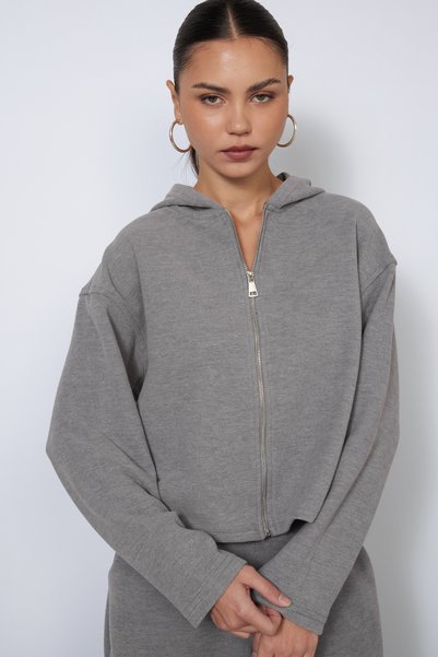 Nisan Soft-Textured Hooded and Zippered Cardigan, Gray