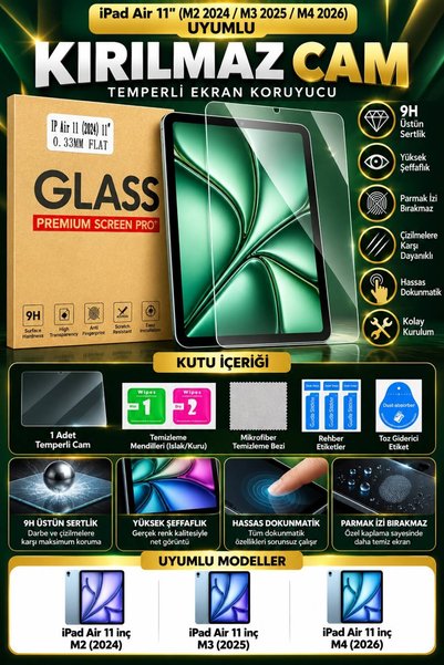 777 glow Apple iPad Air 11 İnç M2 2024 / M3 2025 / M4 2026 Uyumlu 9H Kırılmaz...