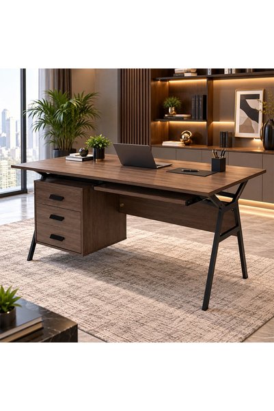 MiLi Wooden office desk with modern design and drawer unit in brown - 120 cm