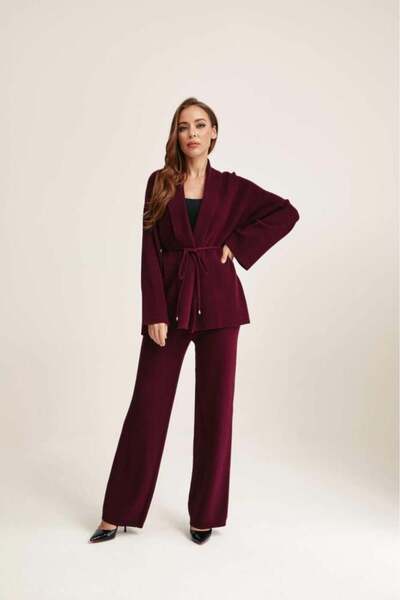 Tenda Knit Wide Leg Trousers with Elastic Waist Maroon