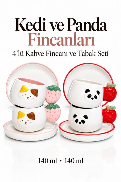 Rosie Kedi ve Panda Desenli 4’lü Kahve Fincanı Seti 140 ml
