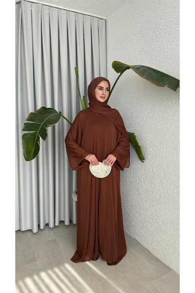 NUHBE BUTTONED CHIFFON ABAYA - BROWN