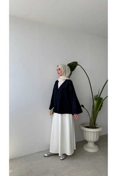 NUHBE V-COLLAR KIMONO WITH EMBROIDERED DETAILS - NAVY BLUE