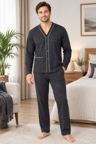 CottonVia Button-Front, Men's Pajama Set, 100% Cotton, Interlock, Long-Sleeve...